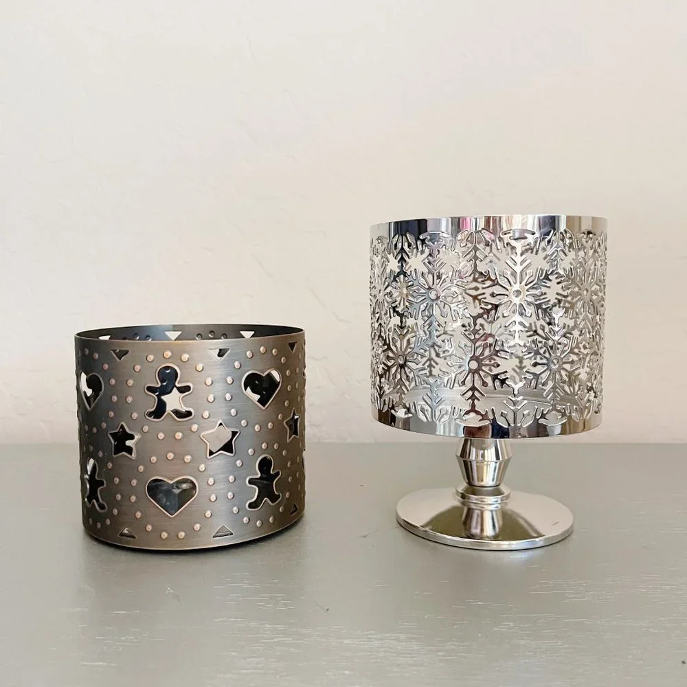 Metal 3 Wick Candle Holders Winter Snowflake Christmas Bath & Body Works Set 2